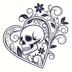 Skull in heart shape with floral ornament isolated on white background for tattoo or gothic decoration