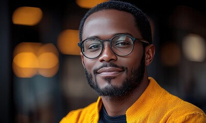 Obraz premium Smiling man with glasses in a yellow jacket poses against a softly blurred background of warm, bokeh lights