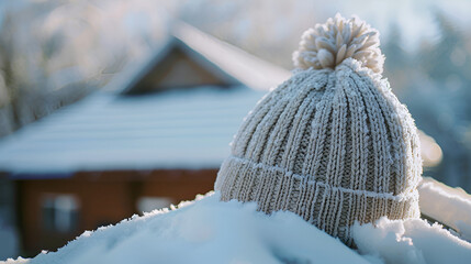 Cozy winter hat nestled in snow with rustic cabin background
