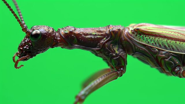 Close-up of a Textured Stick Insect with Intricate Details Against a Bright Green Background