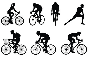 Obraz premium Silhouettes of people cycling on various bikes and stretching before or after a ride