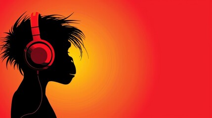 Obraz premium Striking silhouette of a monkey immersed in music, set against a vibrant red backdrop, perfect for creative vibes.