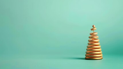 A petite Christmas tree crafted from golden wire stands elegantly against a festive backdrop, blurring the background beautifully.