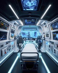Futuristic ambulance interior featuring advanced technology, holographic displays, and sleek design. environment is illuminated with blue lighting, creating high tech atmosphere