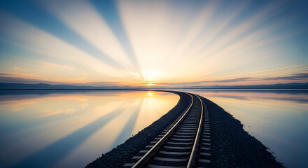 Experience serene beauty with a sunrise illuminating winding railroad tracks leading to the horizon. Ideal for travel, escape, or inspirational themes.