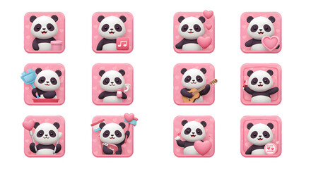 Obraz premium Cute Panda App Icons Set, Lovely Design