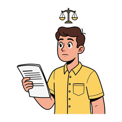 Weighty Thoughts: An individual grapples with decision, a symbol of justice hovering above as he reviews crucial documents