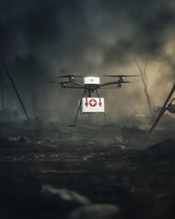 Medical drone hovers above desolate landscape, delivering emergency supplies amidst dramatic backdrop of smoke and destruction. scene evokes sense of urgency and hope in crisis