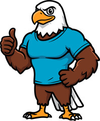 Hawk mascot wearing a t-shirt in thumb up pose strong and fit
