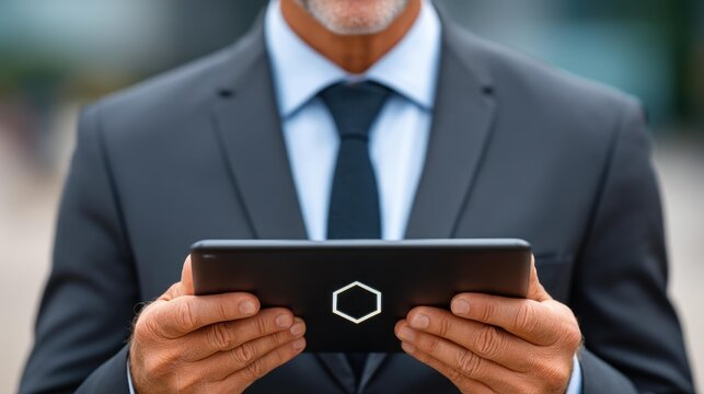 Businessman displays digital NFT tokens on a tablet, showcasing cuttingedge crypto art through advanced technology.