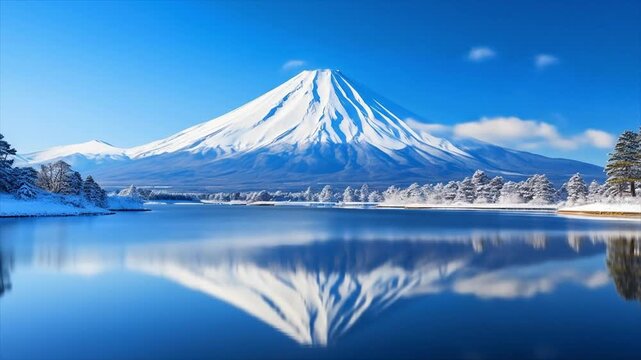 湖に映った日本的な山と雲の動画、自然風景