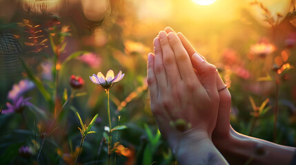 Hands in prayer amidst blooming flowers bathed in warm golden sunlight