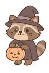raccoon in witch outfit carrying pastel pumpkin bag grain texture, pastel halloween raccoon with pumpkin bag, cute raccoon witch costume with pastel pumpkin bag