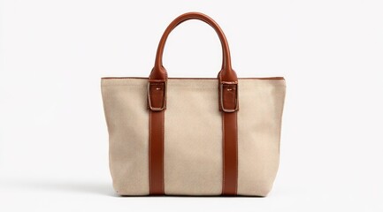 Beige canvas tote bag with brown leather accents