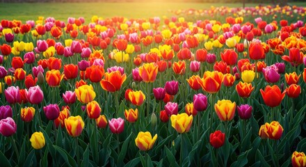 Vibrant Tulip Field: A breathtaking landscape bursts with a kaleidoscope of colorful tulips, their delicate petals catching the sunlight and creating a stunning floral display.