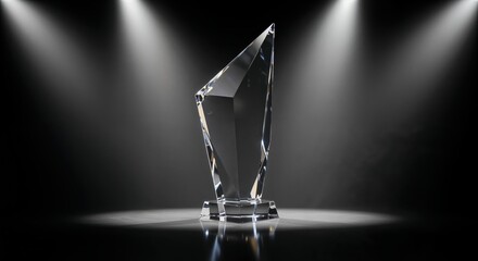 Crystal Trophy in Spotlight: A sleek, transparent crystal trophy stands illuminated against a dark background, creating a powerful and dramatic image that symbolizes achievement, excellence.