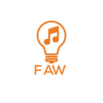 Creative Light Bulb with Music Note Logo Design for Music, Innovation, and Entertainment Branding. FAW Letter Logo.
