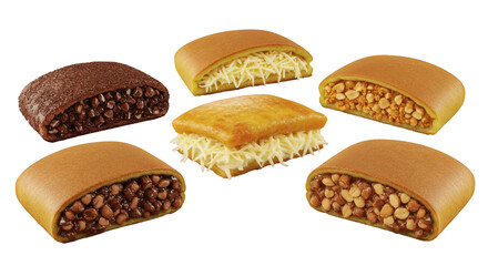 Asian sweet folded pancakes with various fillings, isolated on a white background.