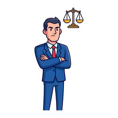 Legal Dilemma: A stylized image of a professional in a suit standing with crossed arms and scales of justice over his head, representing a complex legal matter and the concept of judgment.