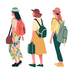 Obraz premium Three women in summer attire, walking with backpacks and luggage