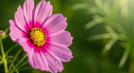 Obraz premium Captivating cosmos flower illuminated by sunlight, embellished with delicate water droplets