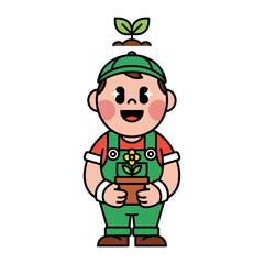 Gardener with Sprout: A cheerful gardener, radiating positivity, holds a potted plant with a beautiful flower, while a sprouting plant floats above him.