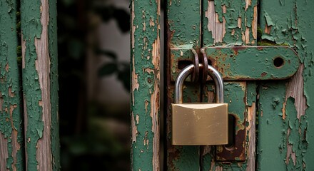 An old green peeling gate securely locked with a new brass padlock detail