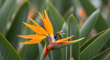 Close-up of a bee collecting nectar from a vibrant Bird of Paradise flower in lush foliage