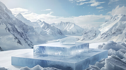 Stunning ice formations showcase majestic snowy mountain panorama under bright sky