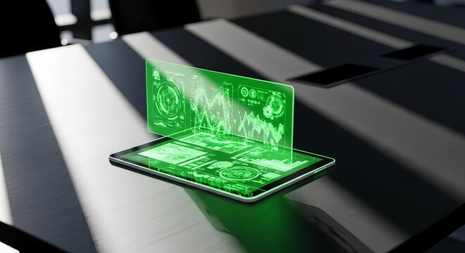 Futuristic tablet displays vibrant green holographic data charts for business analysis