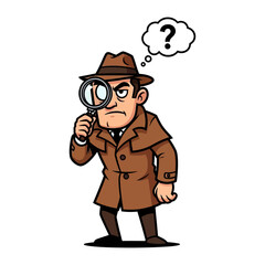 Detective's Inquiry: An illustration of a classic detective engrossed in observation, holding a magnifying glass with a thought bubble containing a question mark.