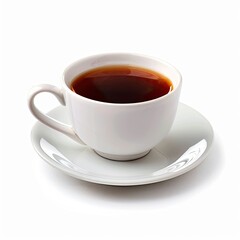 White teacup filled with dark tea, on saucer, isolated white background