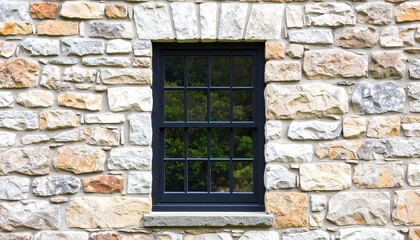 A dark-framed window in a rustic stone wall