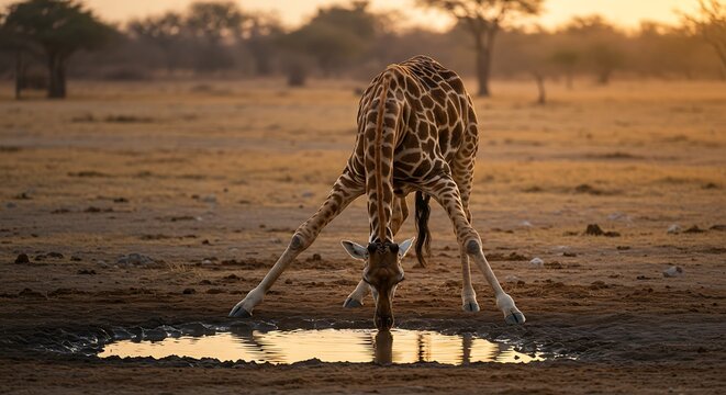 A giraffe bending down to drink from a small pool of water in a dry african landscape at sunset