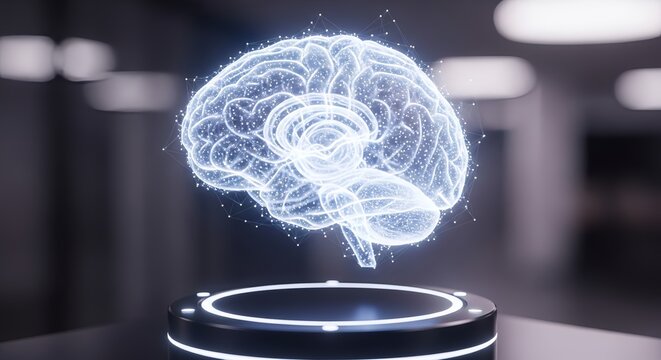 Luminous digital brain hologram showcases advanced AI and neural network concepts.