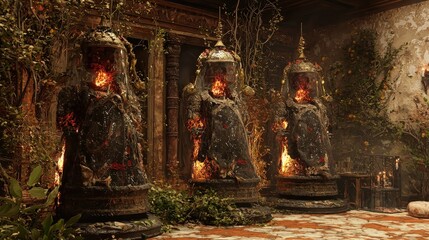 Ornate statues engulfed in flames within a decaying interior.