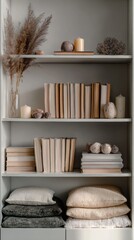 Neutral Decor With Books and Textiles Arranged on Shelves in a Modern Interior Setting