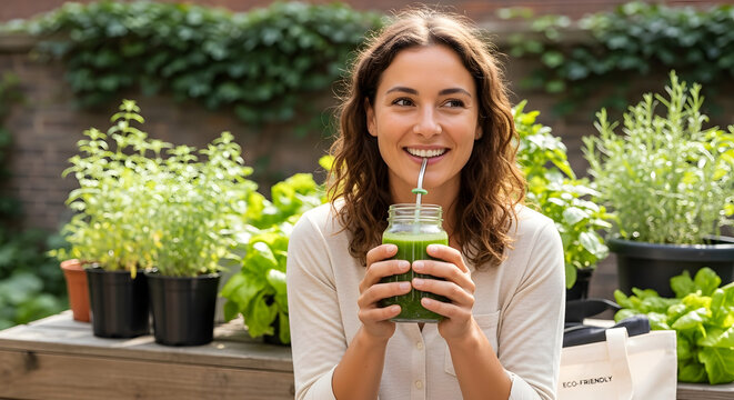 Sustainable Lifestyle Millennial Enjoying a Healthy Green Smoothie in a Vibrant Garden