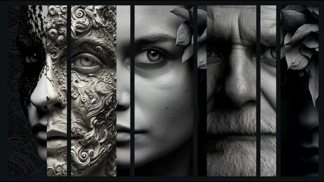 cover for presentation and image on black background with nice AI examples on people in different artistic styles