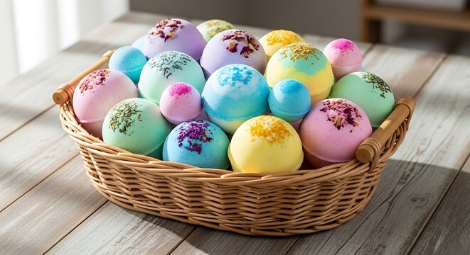 Aromatic bath bombs in pastel colors and botanical decorations displayed in wicker basket