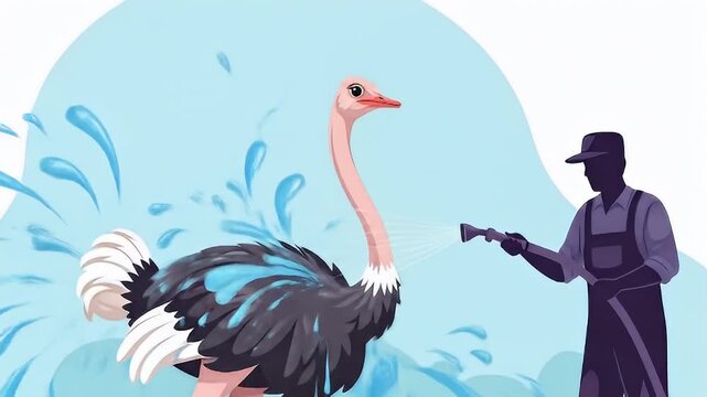 Ostrich getting a bath from a man with a hose in a cartoon style video clip