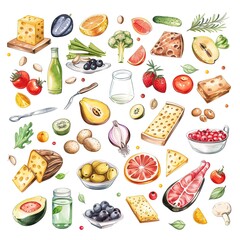Watercolor illustration of assorted food items