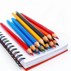 Colorful pencils stacked on a spiral notebook