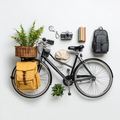 Flat lay of a black bicycle with accessories