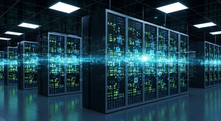 Modern server room with glowing data streams and digital network connections