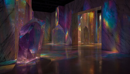 A crystal room with large crystals and prisms, reflecting light in rainbow colors, with walls made of marble and polished concrete floors.