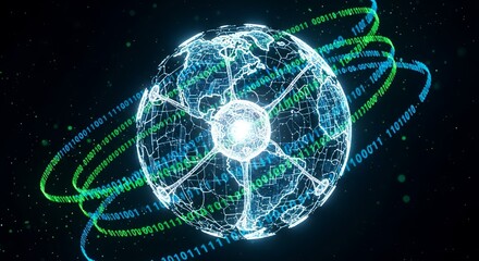 Dynamic digital globe with flowing binary code represents global connectivity