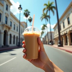 Hand holding iced coffee smoothie in plastic cup with straw on sunny palm tree lined city street, refreshing summer drink lifestyle travel and urban living concept