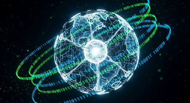 Dynamic digital globe with flowing binary code represents global connectivity