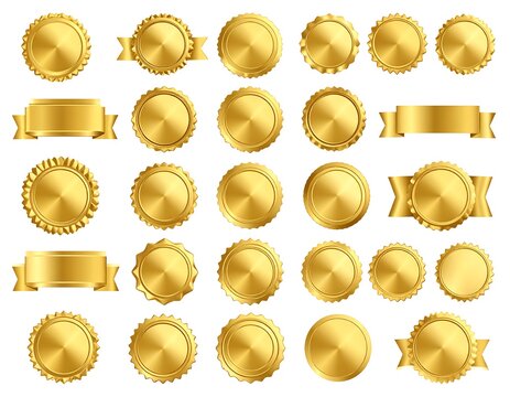 Gold award badges, ribbons, and seals